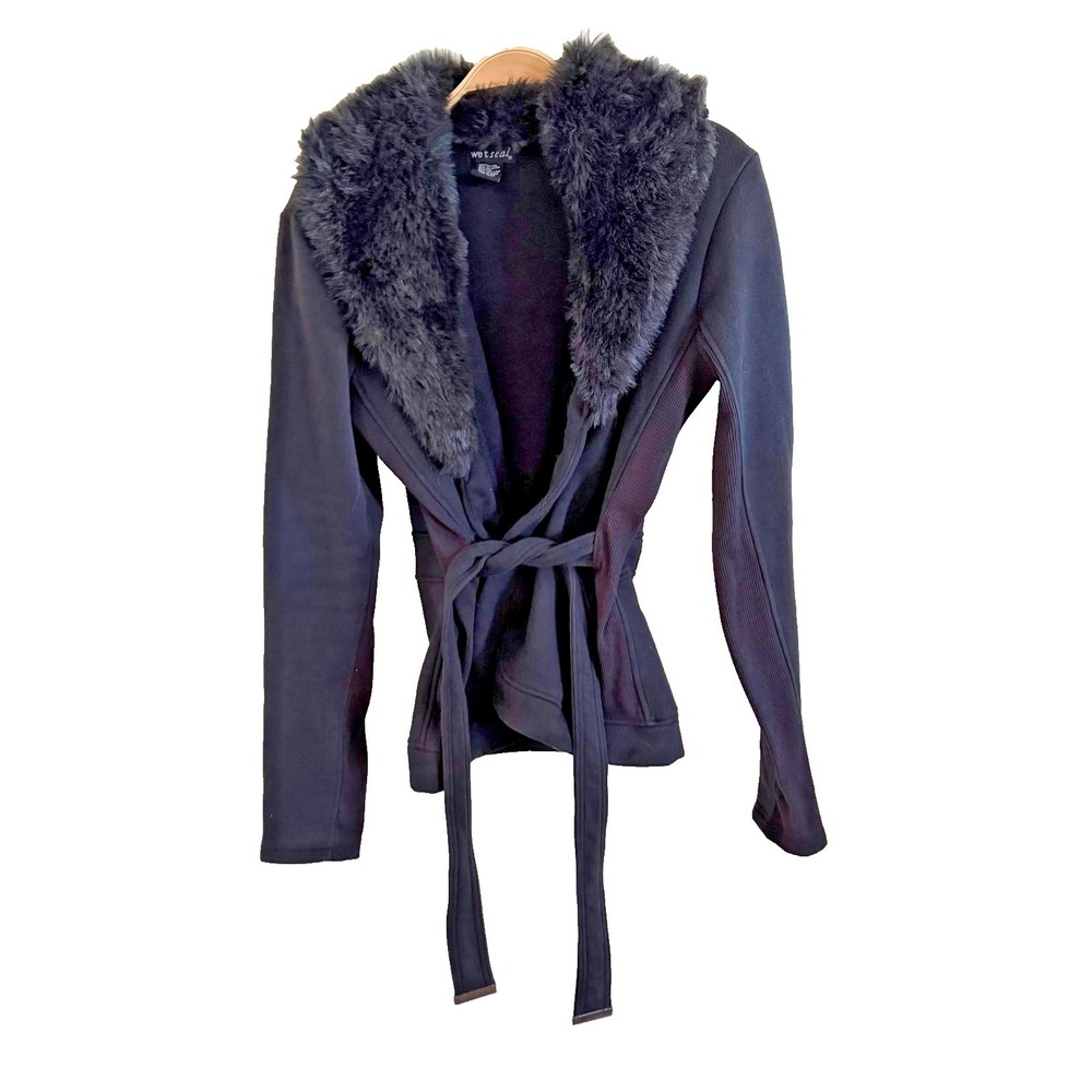 Wet Seal Large Black Winter‎ Jacket Coat with Fur Trim Y2K Fuzzy Mob Wife